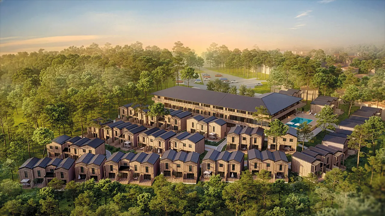 Vue aérienne de la résidence immobilière La Canopée Océane - Programme Lacanau