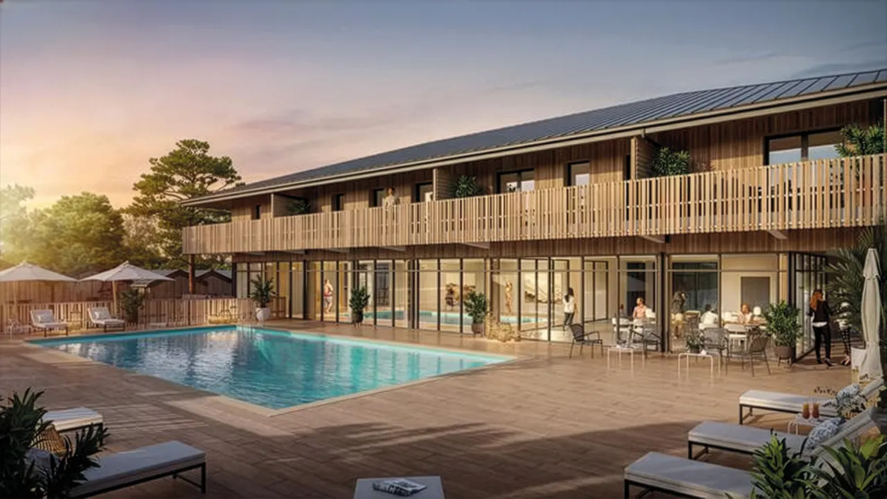 Vue de la piscine, résidence immobilière La Canopée Océane - Programme Lacanau